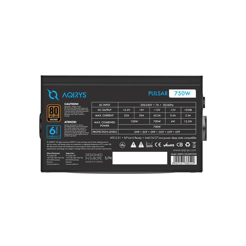 AQIRYS Zasilacz ATX / 80 Plus Bronze Certified PULSAR 750W 6YW black