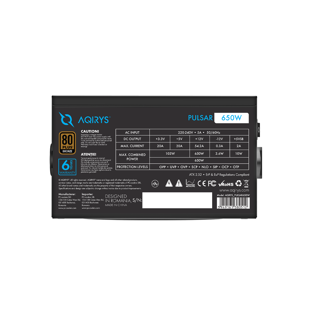 AQIRYS Zasilacz ATX / 80 Plus Bronze Certified PULSAR 650W 6YW black
