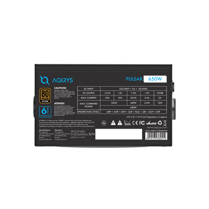 AQIRYS Zasilacz ATX / 80 Plus Bronze Certified PULSAR 650W 6YW black