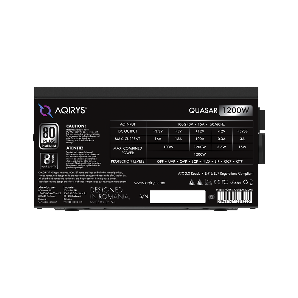 AQIRYS Zasilacz ATX / 80 Plus Platinum Certified QUASAR 1200W PCIe 5.0 8YW black