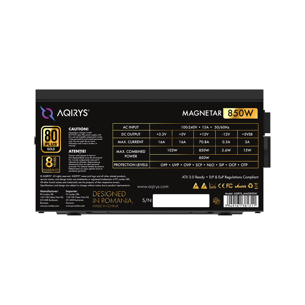 AQIRYS Zasilacz ATX / 80 Plus Gold Certified MAGNETAR 850W PCIe 5.0 8YW black