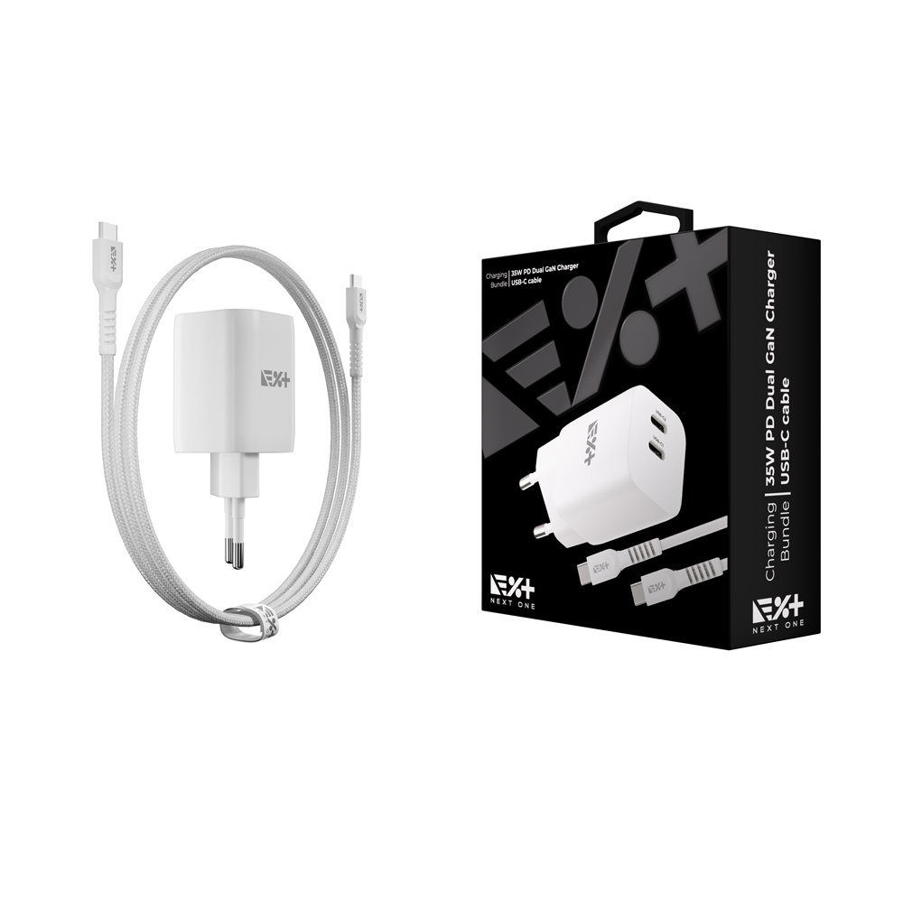 NEXT ONE Ładowarka sieciowa Fast 35W GaN 2xUSB-C z kablem USB-C white